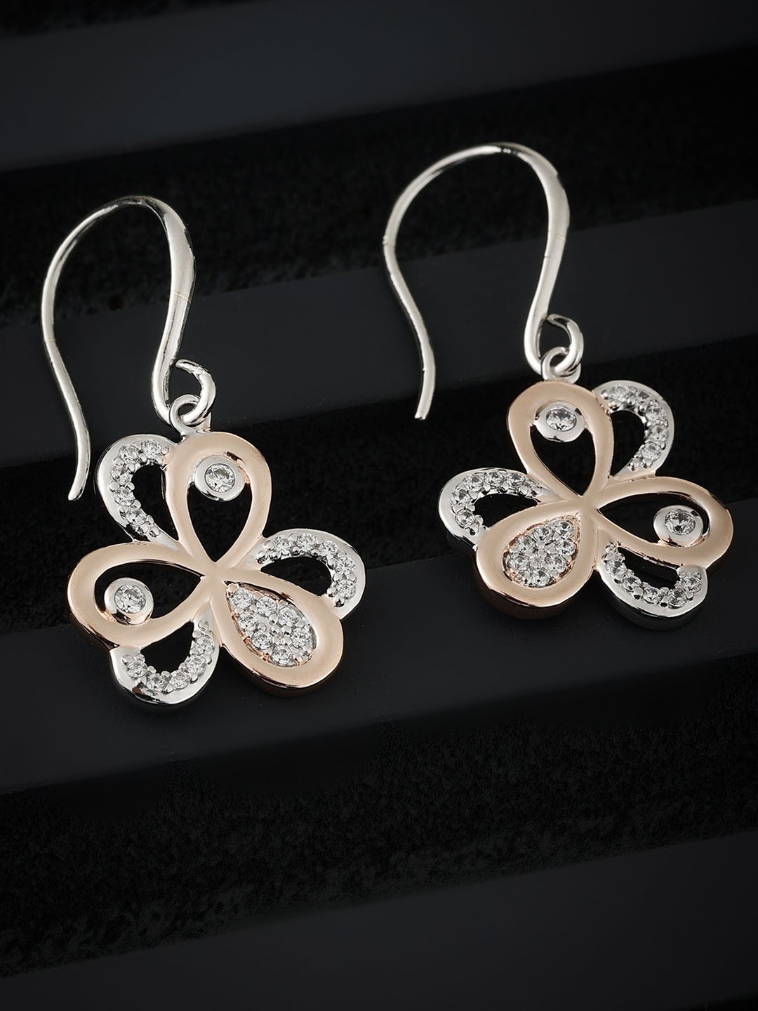 

DIAVO 925 Sterling Silver Rose Gold-Plated Artificial Stones Studded Floral Drop Earrings