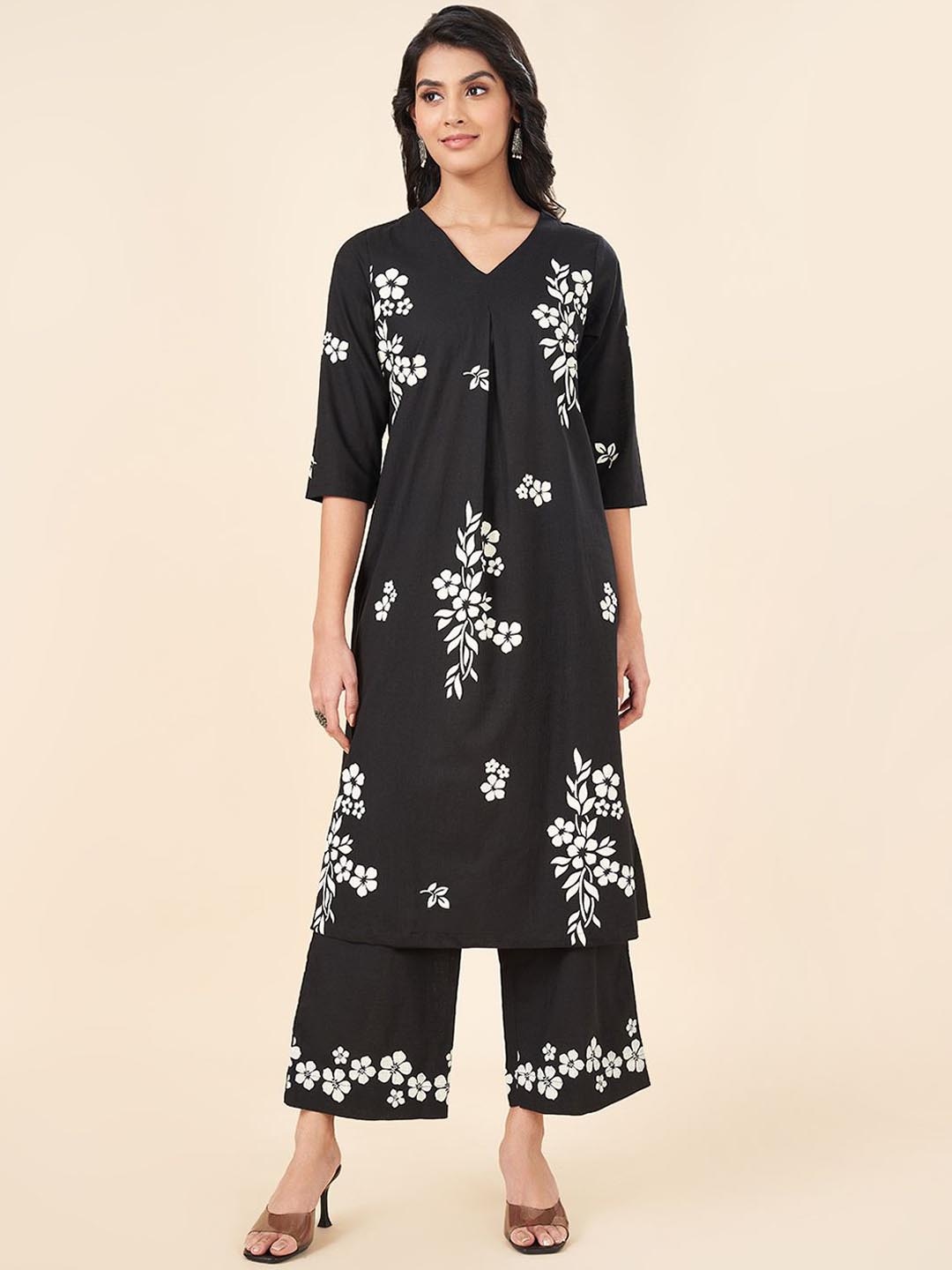 

RANGMANCH BY PANTALOONS Women Floral Printed Kurta with Palazzos & With Dupatta, Black