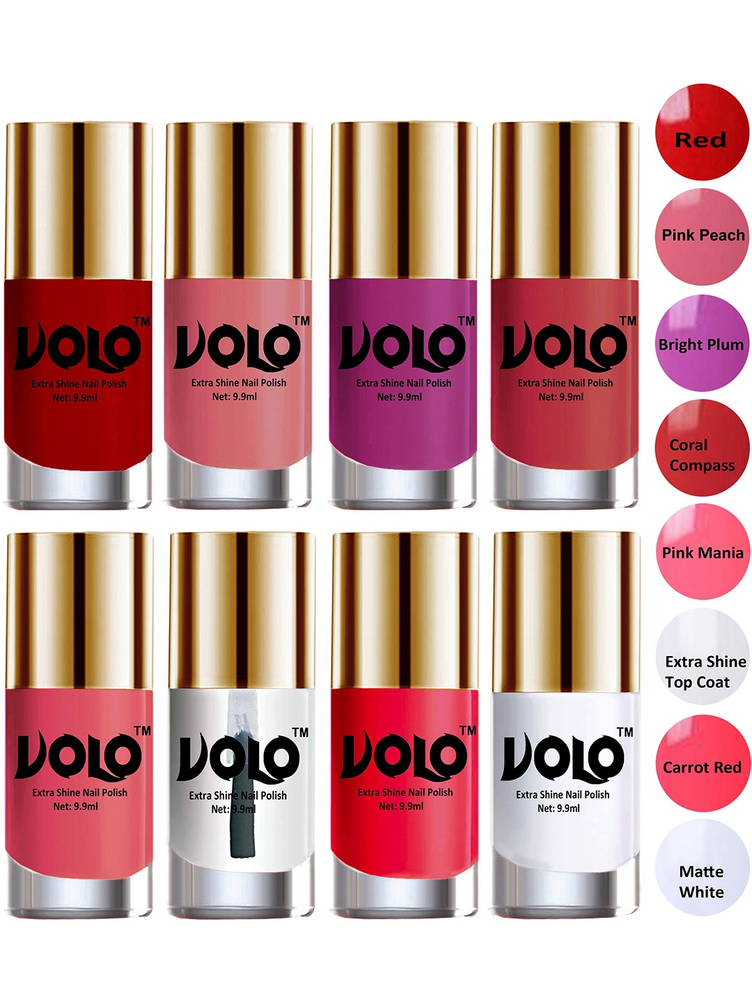 

VOLO Set Of 8 Luxury Super Shine Nail Polish - 9.9ml Each- Combo No. 20, Pink