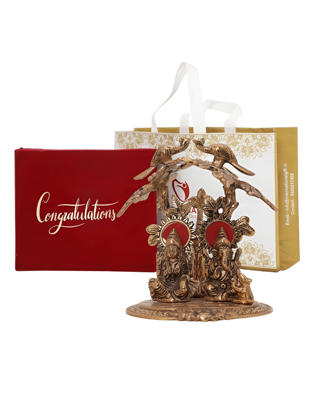 

INTERNATIONAL GIFT Brown Lakshmi Ganesh Idol With Congratulations Tag & Velvet Box