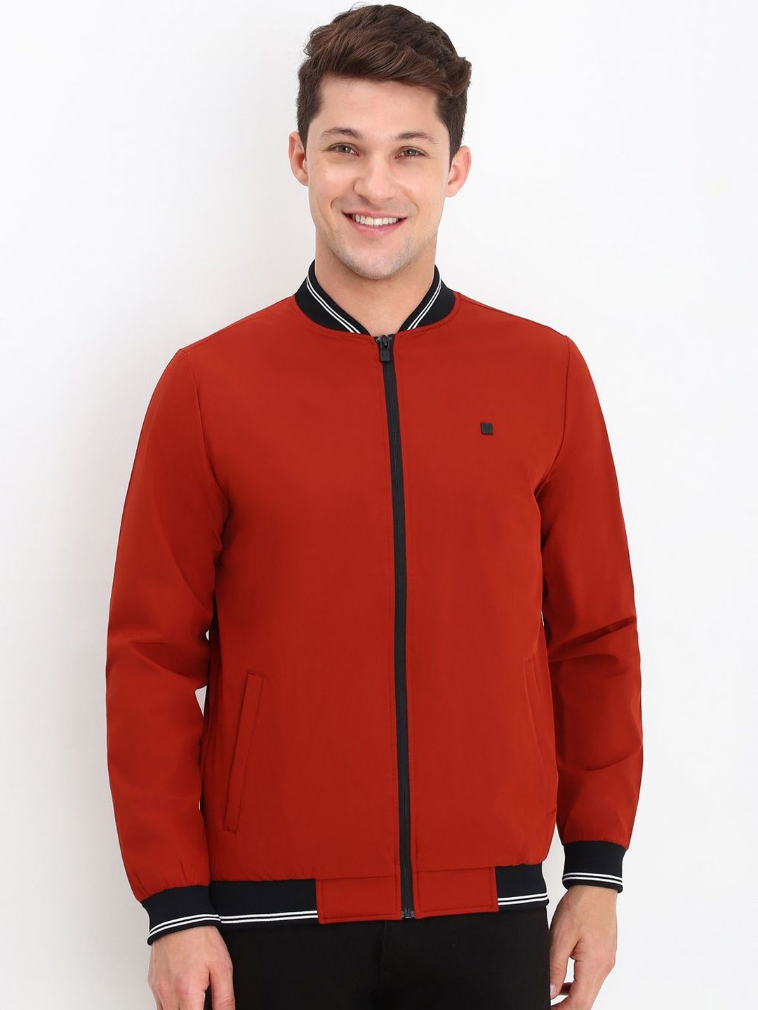 

Allen Solly Men Mandarin Collar Bomber Jacket, Red