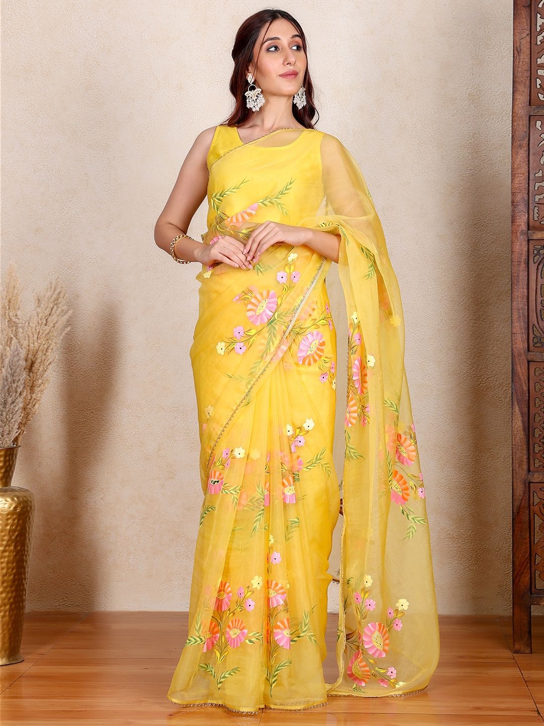 

Chowkhat Floral Printed Zari Organza Chanderi Saree, Yellow