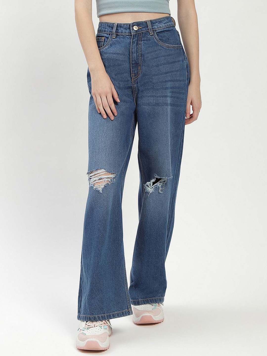 

Madame Women Wide Leg Slash Knee Jeans, Blue