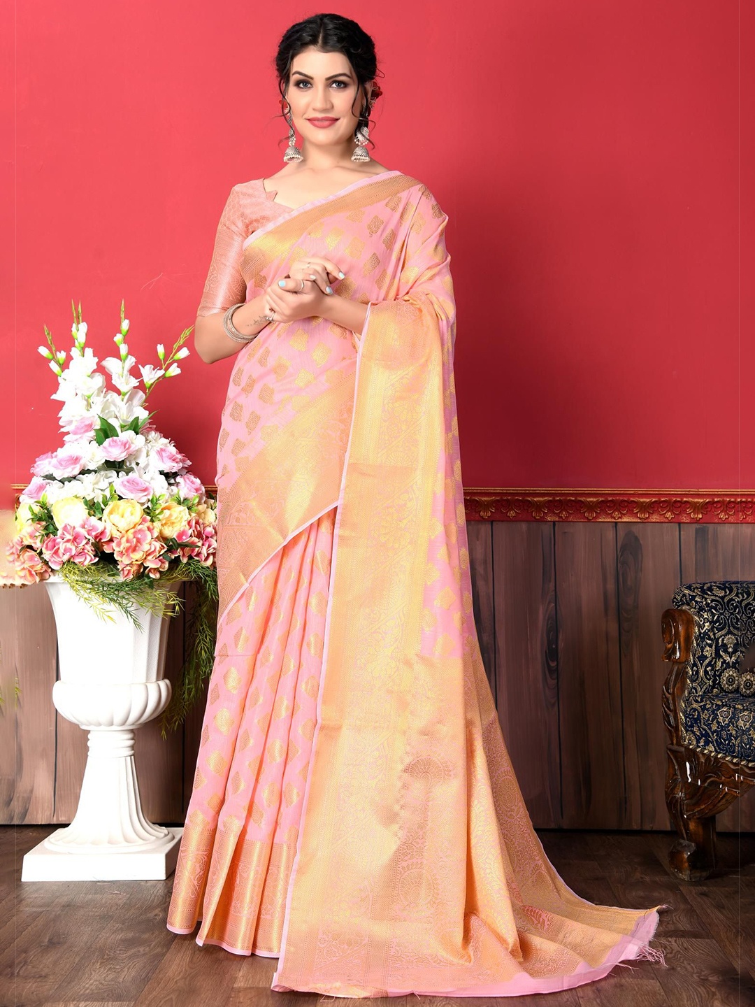 

Areca Designer Ethnic Motifs Zari Linen Blend Banarasi Saree, Pink