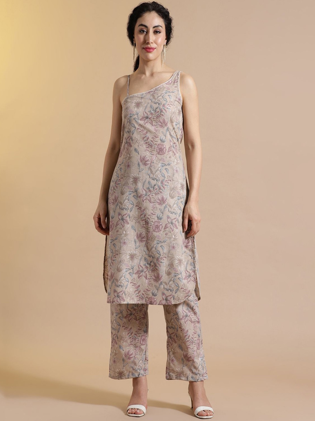 

STYLEBAAZI Women Floral Printed Regular Pure Cotton Kurta with Trousers, Mauve