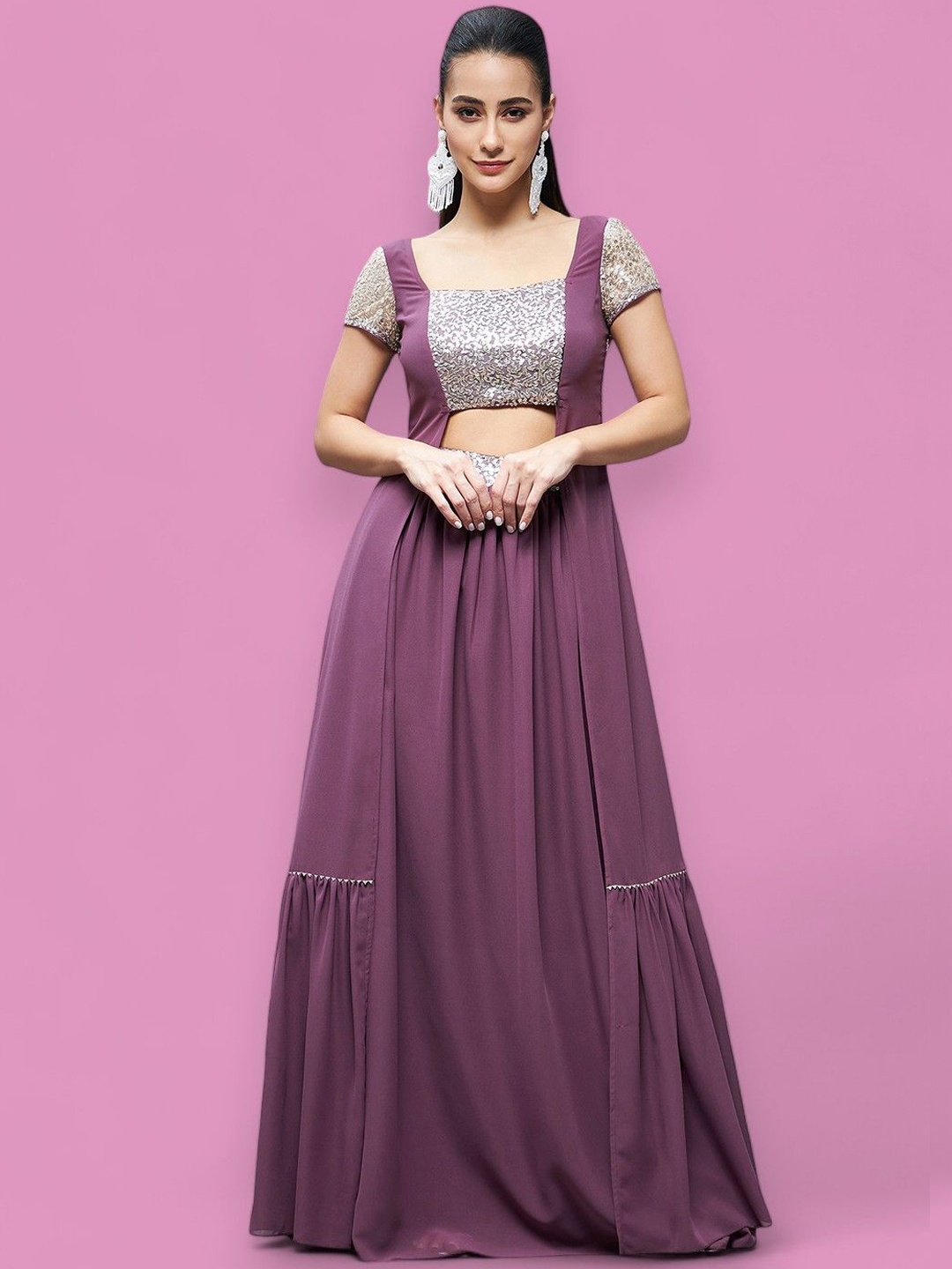 

DressBerry Embellished Square Neck Waist Band Pocketed Tiered Maxi Co-Ord Set., Mauve