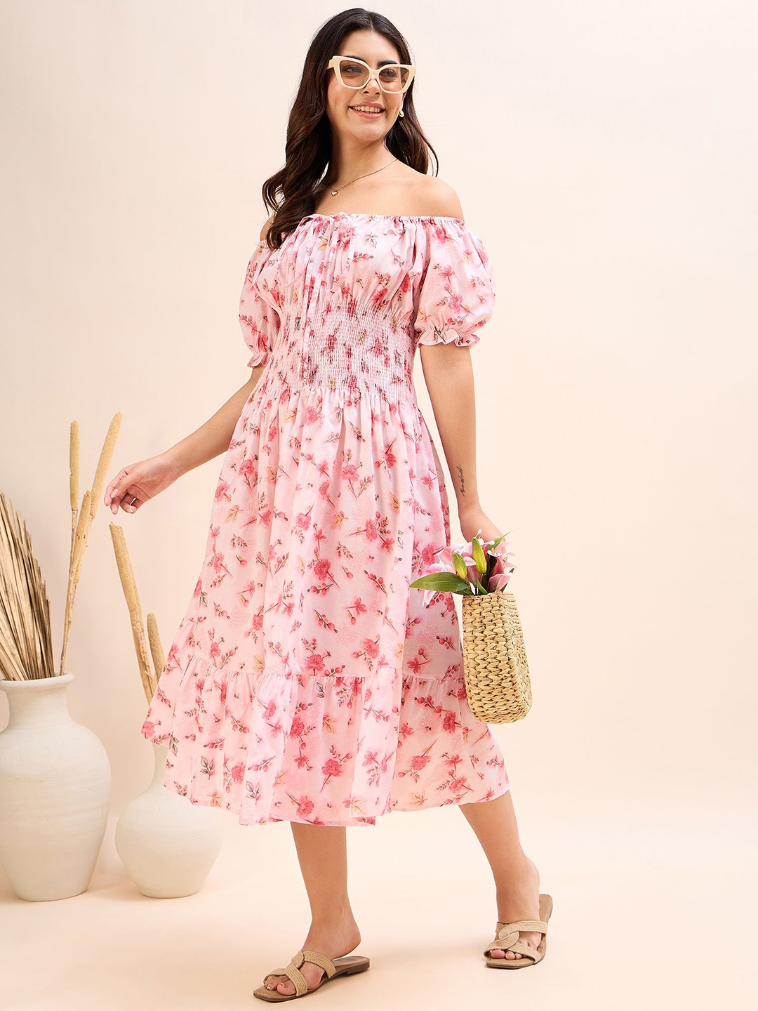 

DressBerry Women Floral Print Off-Shoulder Puff Sleeve Fit & Flare Dress, Pink