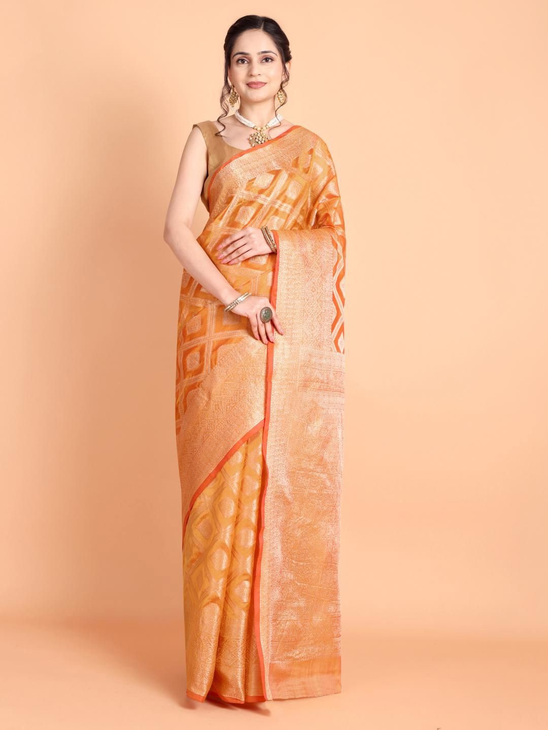 

Areca Designer Ethnic Motifs Zari Organza Banarasi Saree, Orange