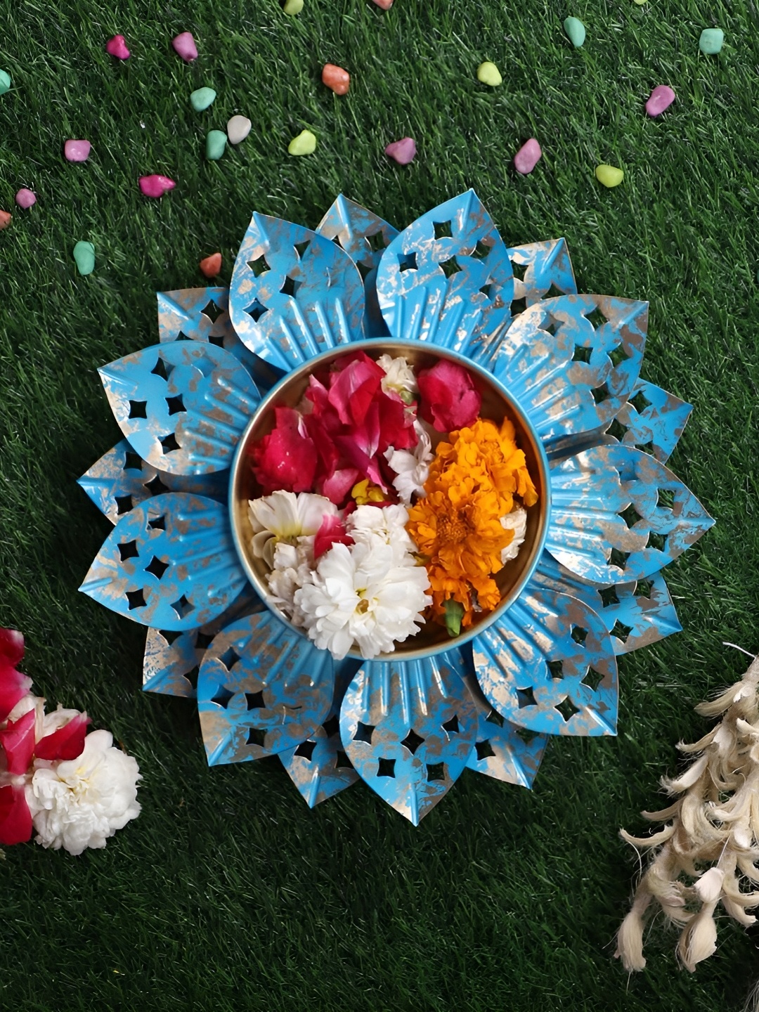 

Amaya Decors Blue Metal Flower Cut Urli, Gold