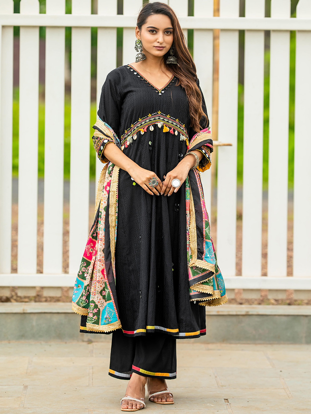 

MITTOO Printed Pure Cotton Anarkali Kurta with Palazzos & With Dupatta, Black