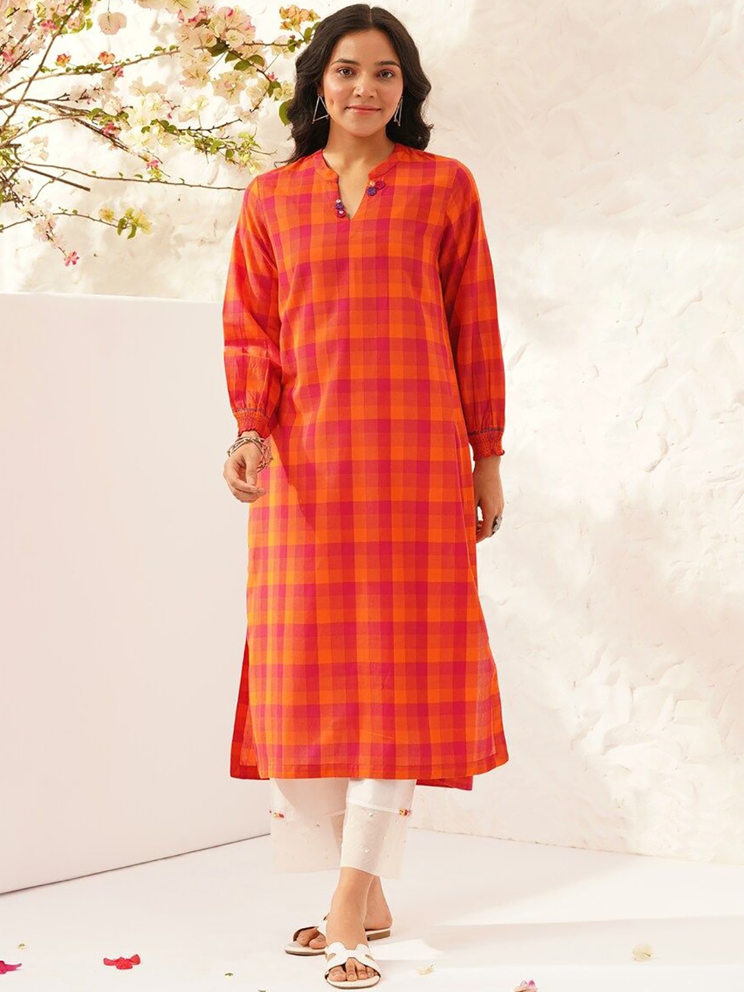 

JAYPORE Checked Thread Work Mandarin Collar Straight Kurta, Orange