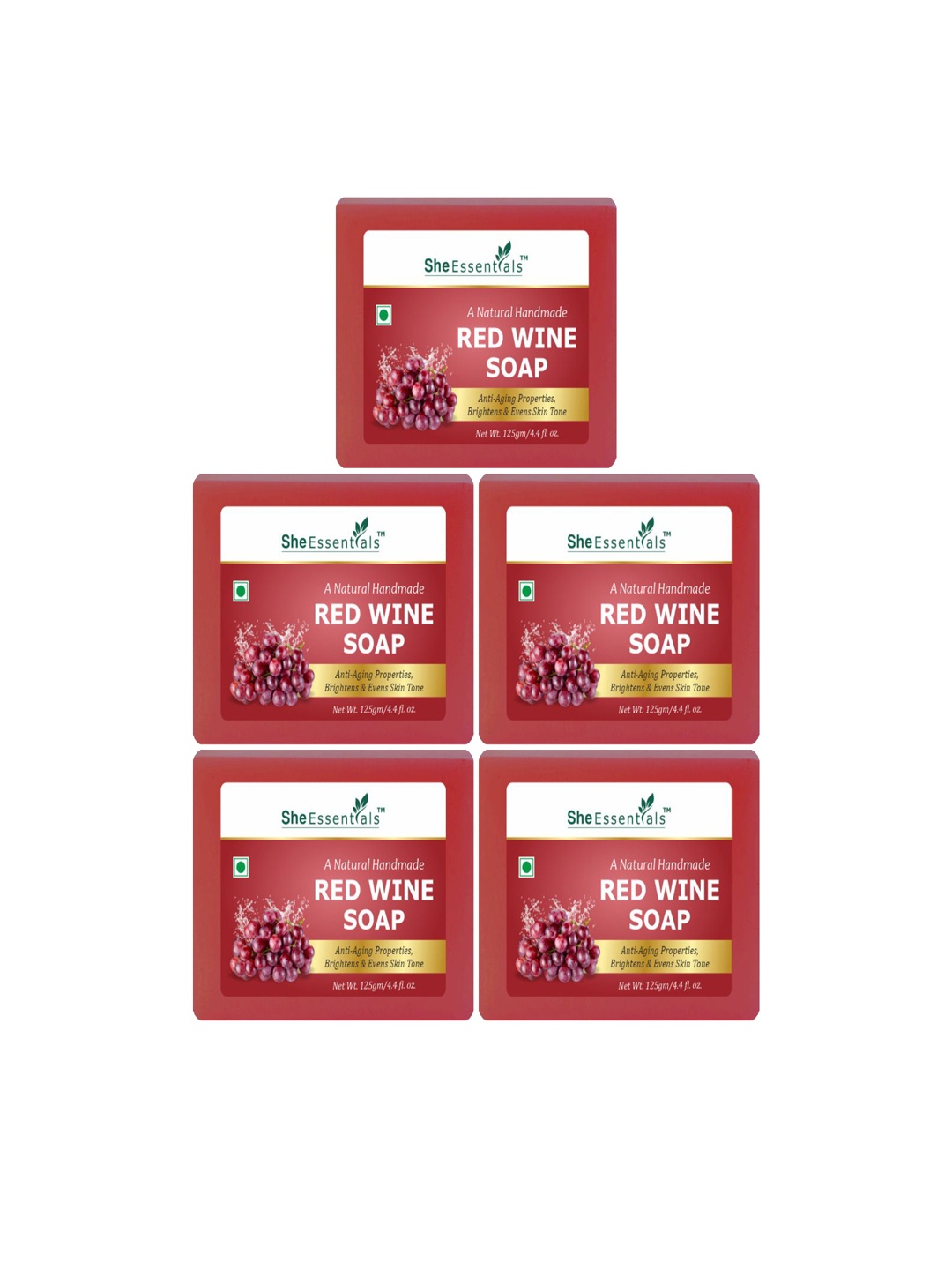 

She Essentials Set Of 5 Natural Red Wine Soaps - 125 g Each, Transparent