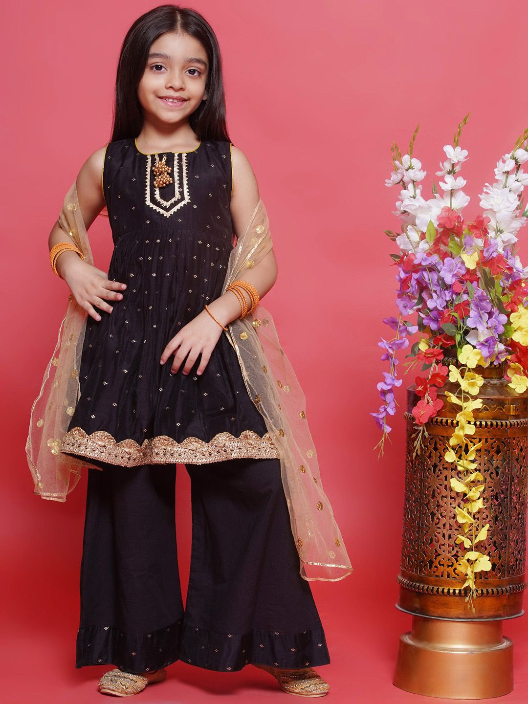 

Little Bansi Girls Embroidered Gotta Patti Pure Silk Kurta with Palazzos & Dupatta, Black