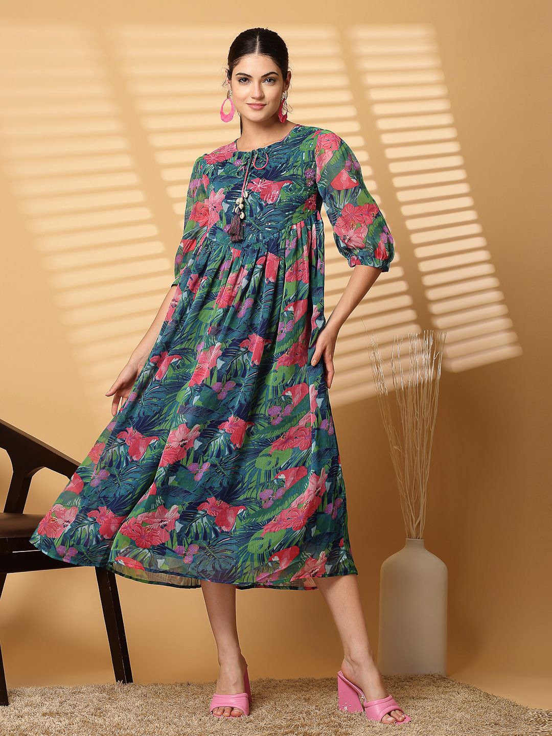 

COSMIC TRIO Women Floral Printed Tie-Up Neck A-Line Dress, Green