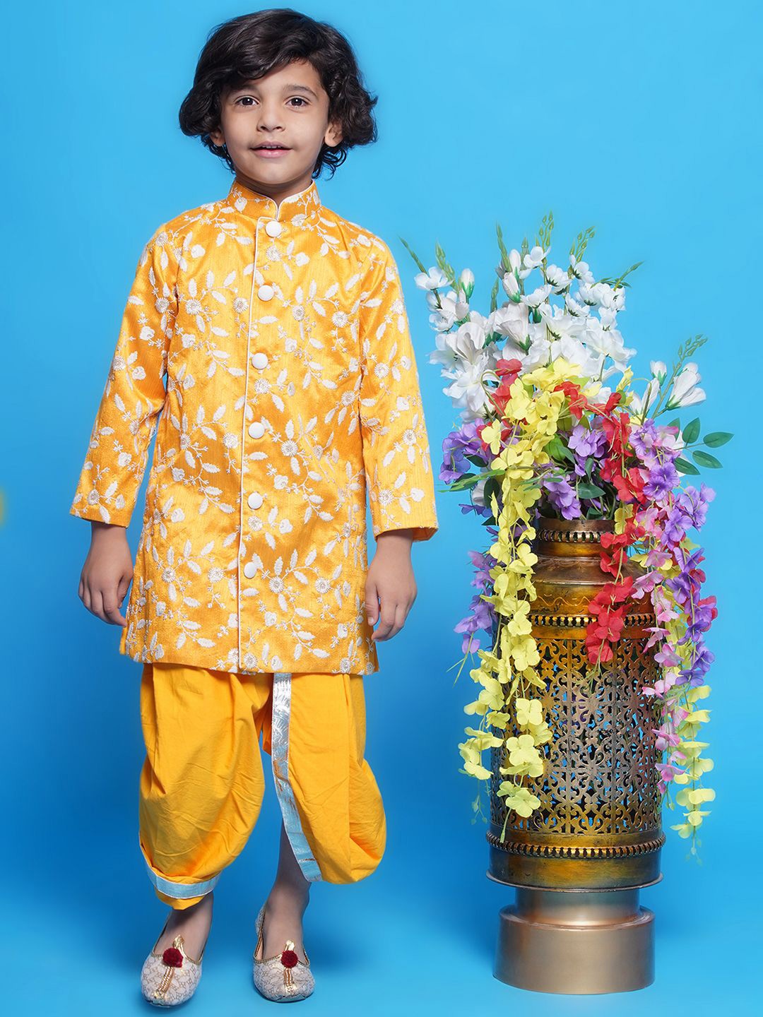 

Little Bansi Boys Embroidered Pure Silk Sherwani Set, Yellow