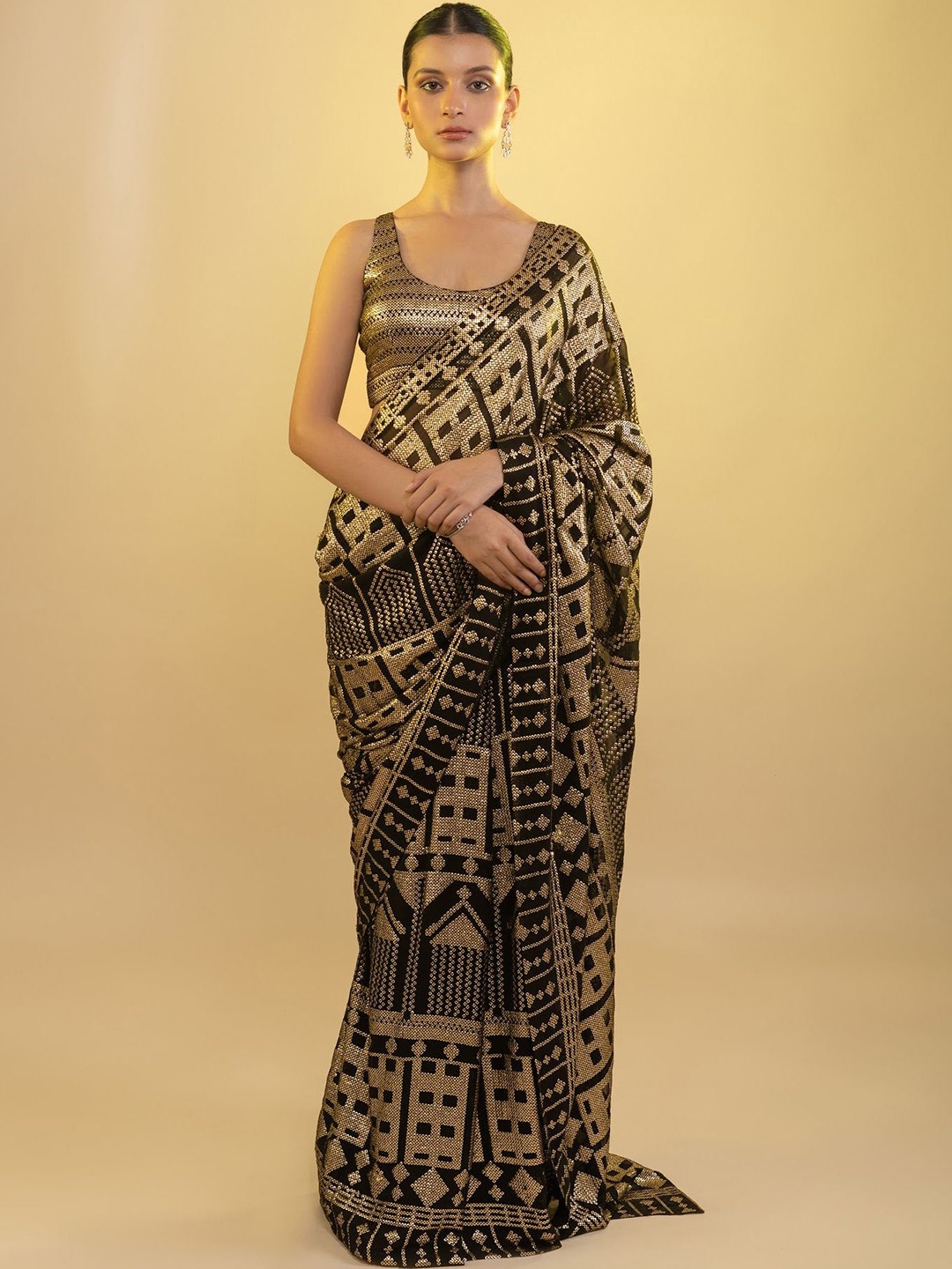 

FABPIXEL Embellished Sequinned Pure Georgette Saree, Black