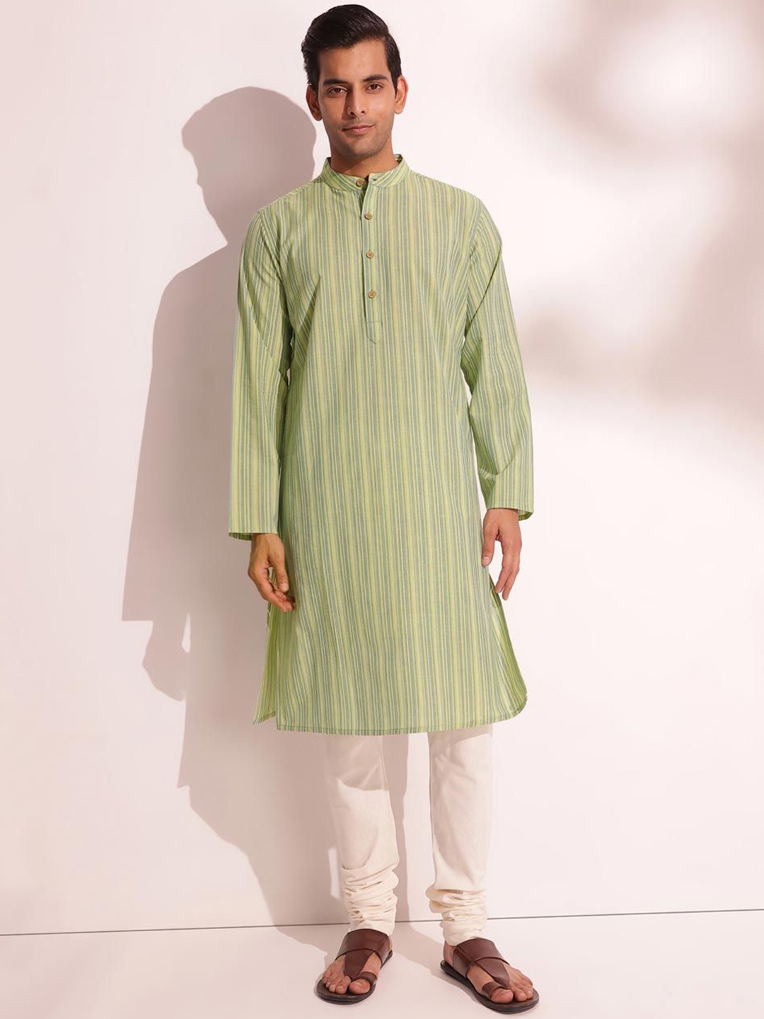 

Fabindia Striped Band Collar Long Sleeves Regular Straight Kurta, Green