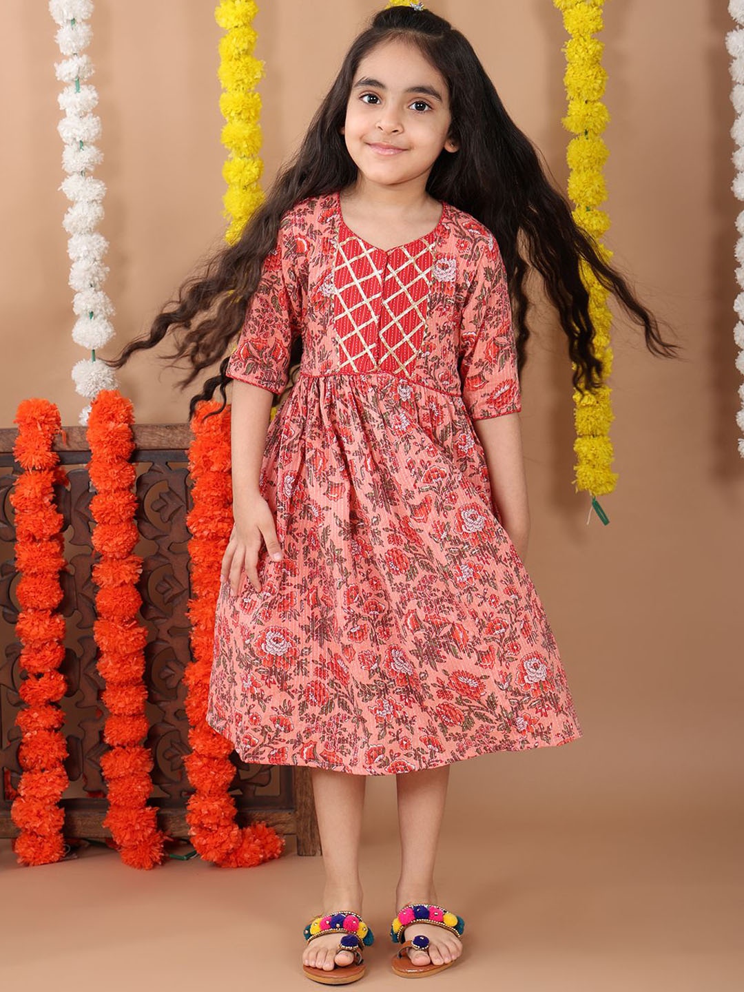 

Here&Now X Kinder Kids Girls Printed Cotton Ethnic Dresses, Peach