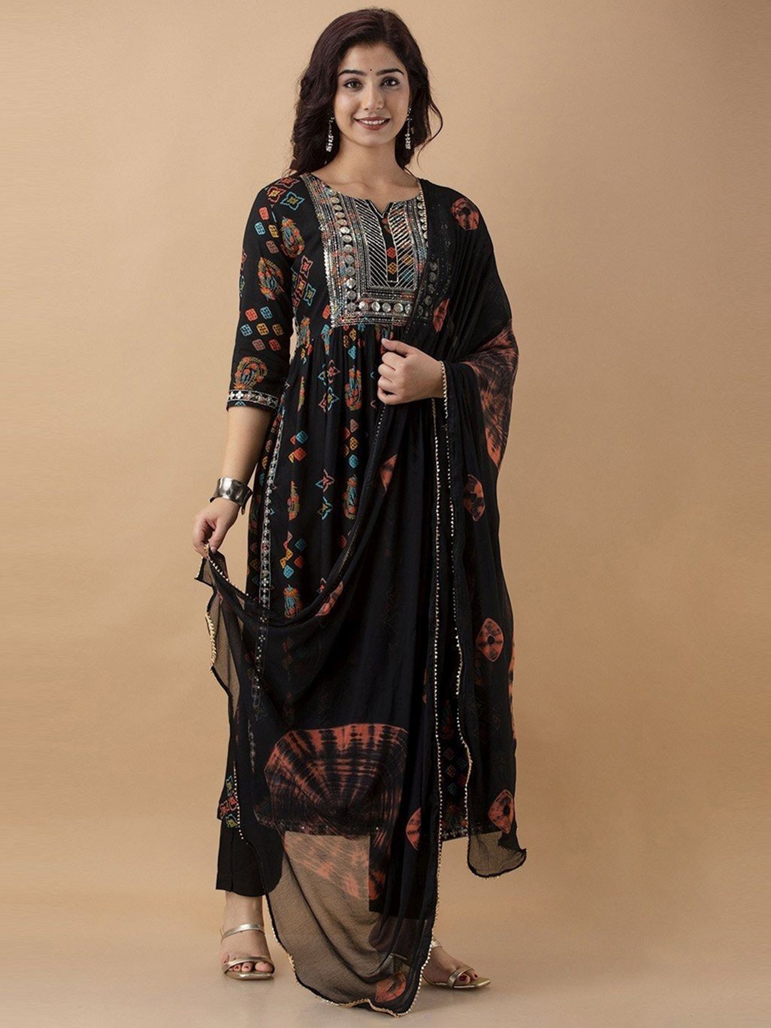

zinariya Fab Ethnic Motifs Printed Sequinned A-Line Kurta with Trousers & Dupatta, Black
