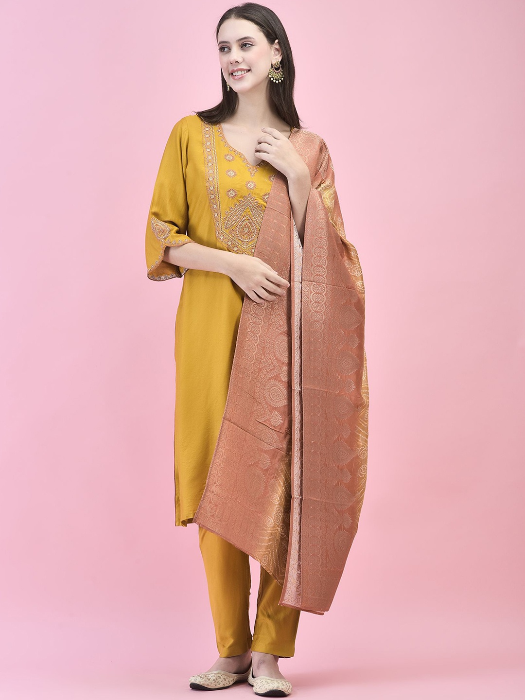 

Shree Floral Embroidered Thread Work Jacquard Straight Kurta with Trousers & Dupatta, Mustard