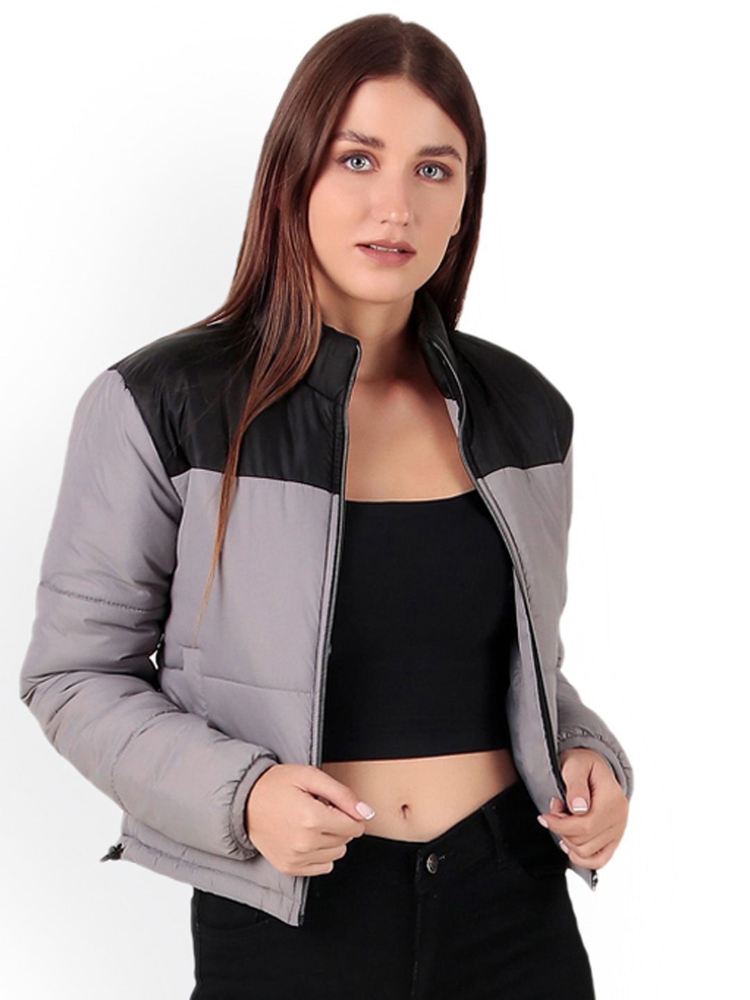 

Brazo Colourblocked Lightweight Crop Puffer Jacket, Grey