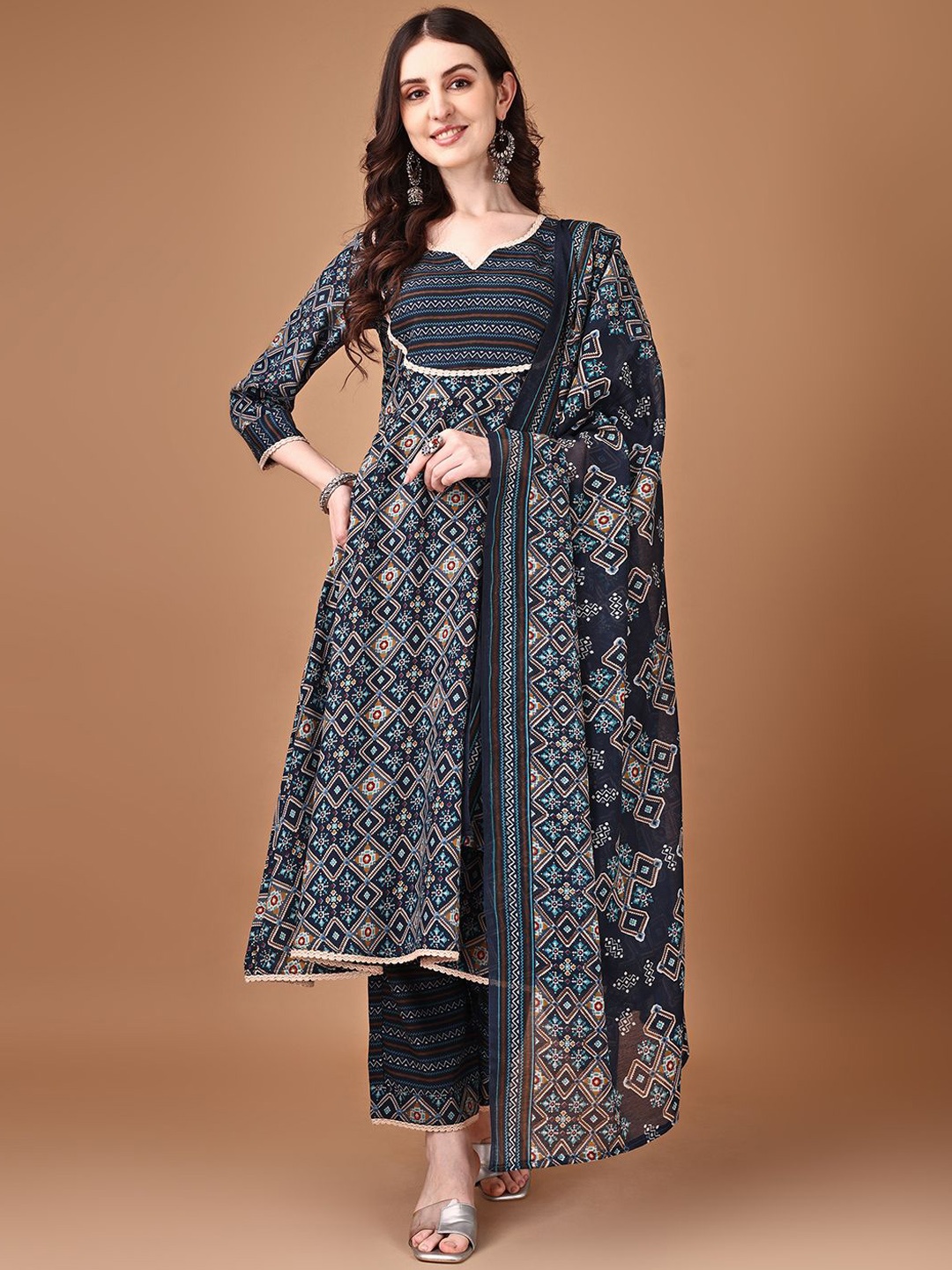 

KALINI Floral Printed Notch Neck Anarkali Kurta with Trousers & Dupatta, Navy blue