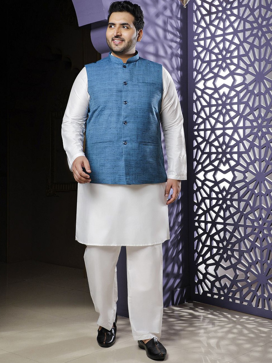 

Sztori Woven Design Mandarin Collar Straight Kurta & Churidar With Nehru Jacket, Blue