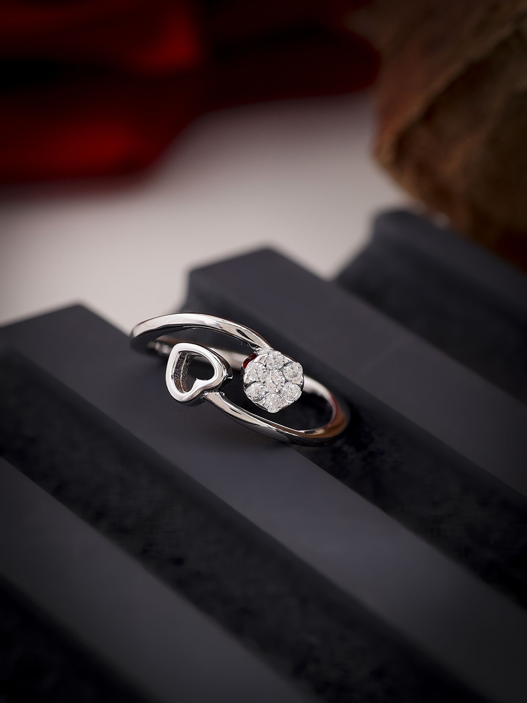 

DIAVO 925 Sterling Silver Rhodium-Plated Stone Studded Adjustable Finger Ring