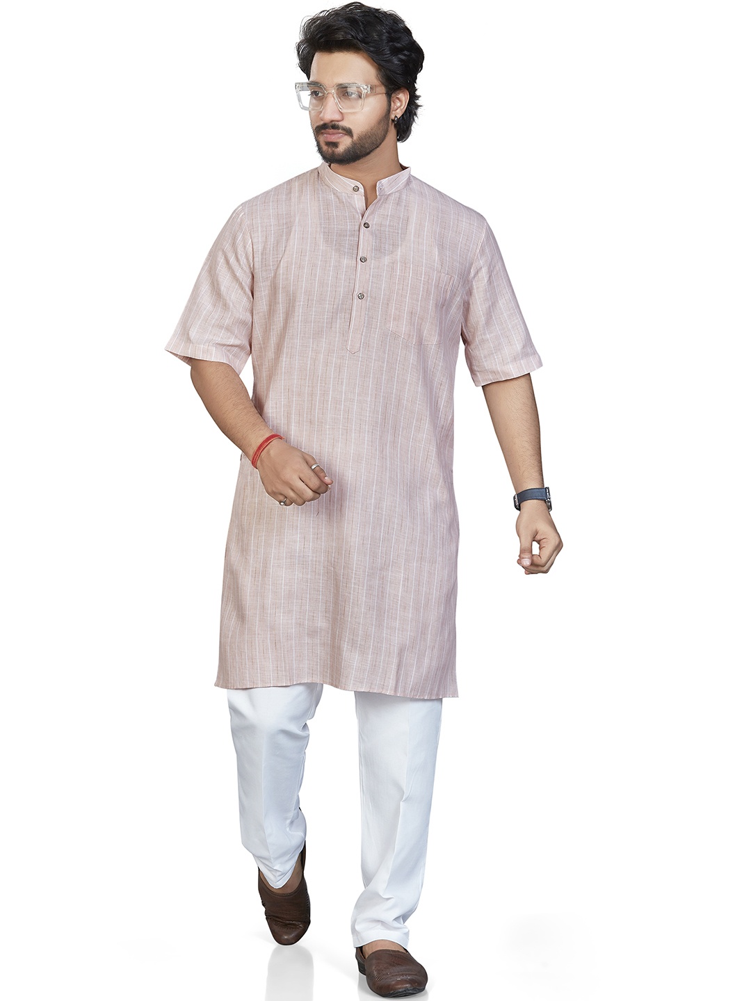 

Authentics Striped Band Collar Cotton Straight Kurta, Pink