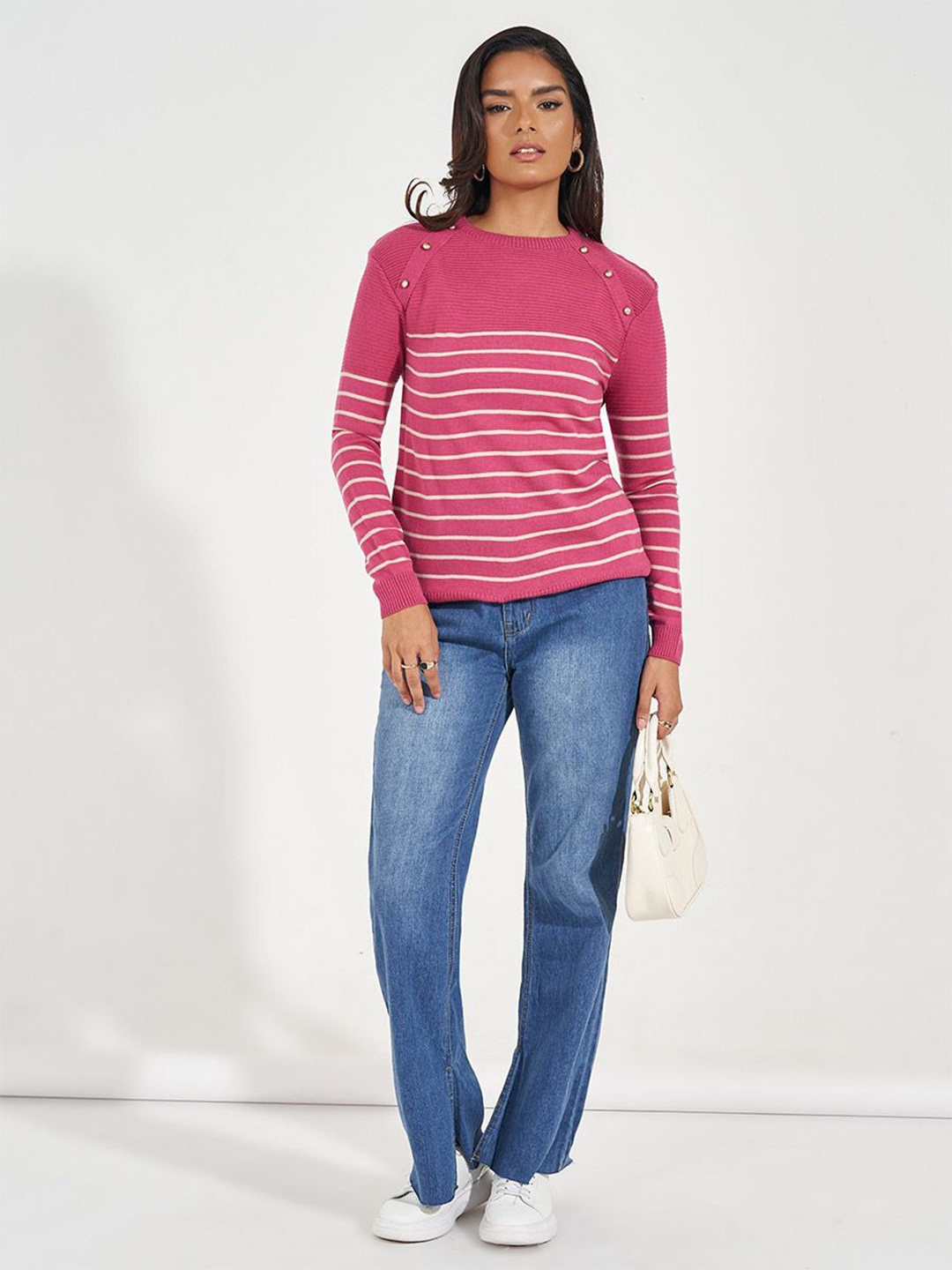 

Styli Women Striped Sweater, Pink