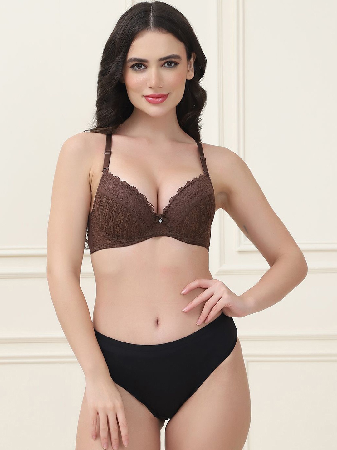 

PrettyCat Lightly Padded T-shirtLingerie Set, Brown