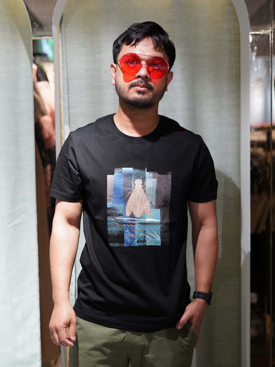 

ODETTE Men Graphic Printed Round Neck Acrylic T-shirt, Black
