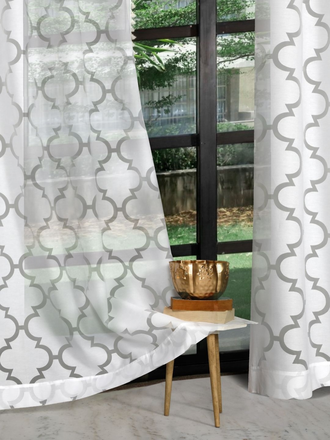 

ROSARA HOME White and Grey 2 Pieces Geometric Printed Sheer Long Door Curtains