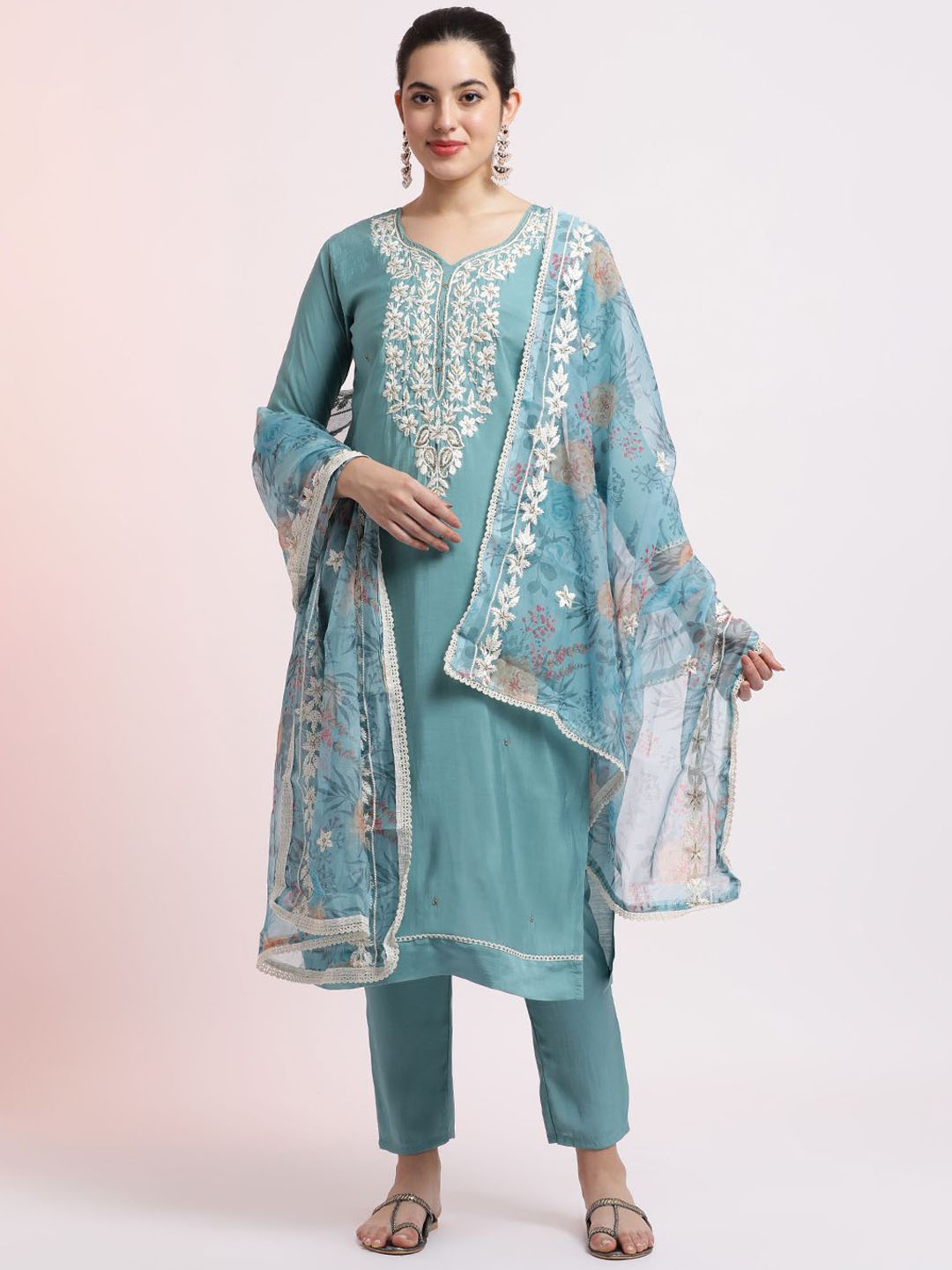 

Jaipur Kurti Floral Embroidered Festive Kurta Set With Dupatta, Sea green