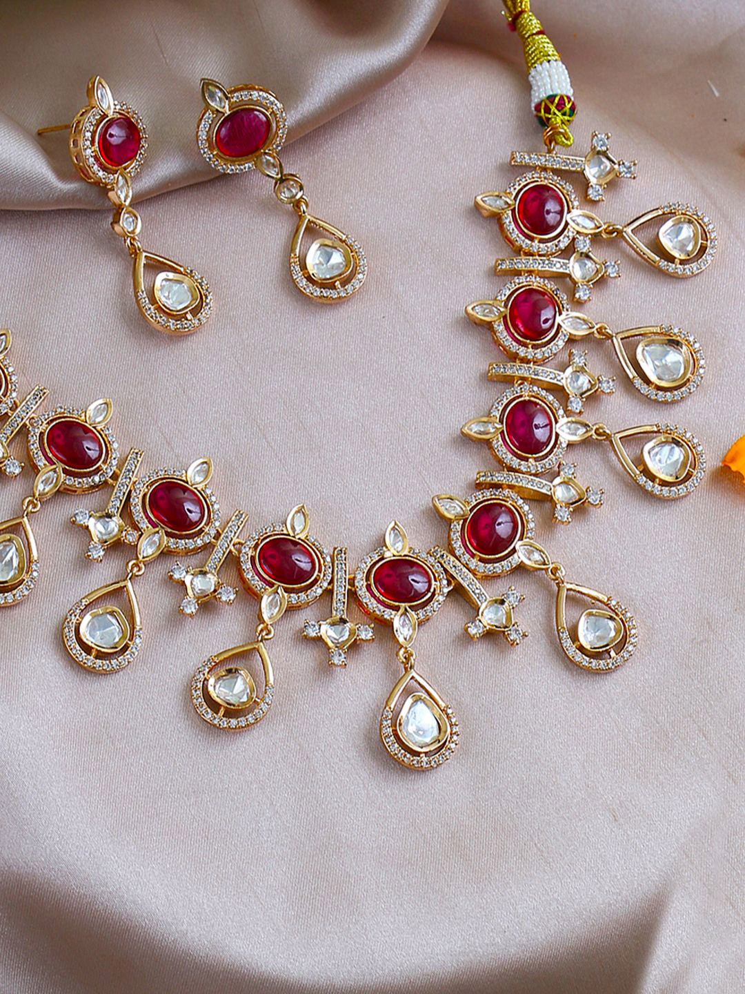 

House of Pataudi Gold Plated American Diamond & Kundan Studded Jewellery Set