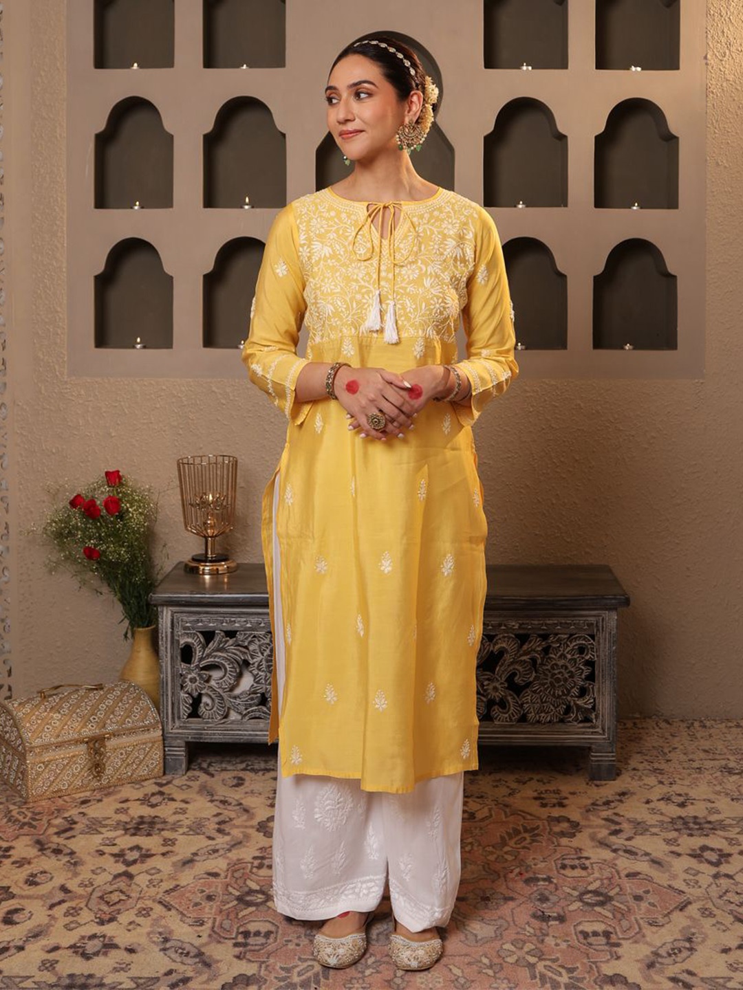 

House of Chikankari Chikankari Printed Kurta, Yellow