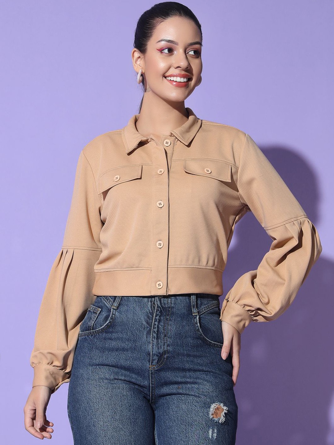 

GLITO Women Spread Collar Dry Fit Lightweight Crop Jacket, Beige
