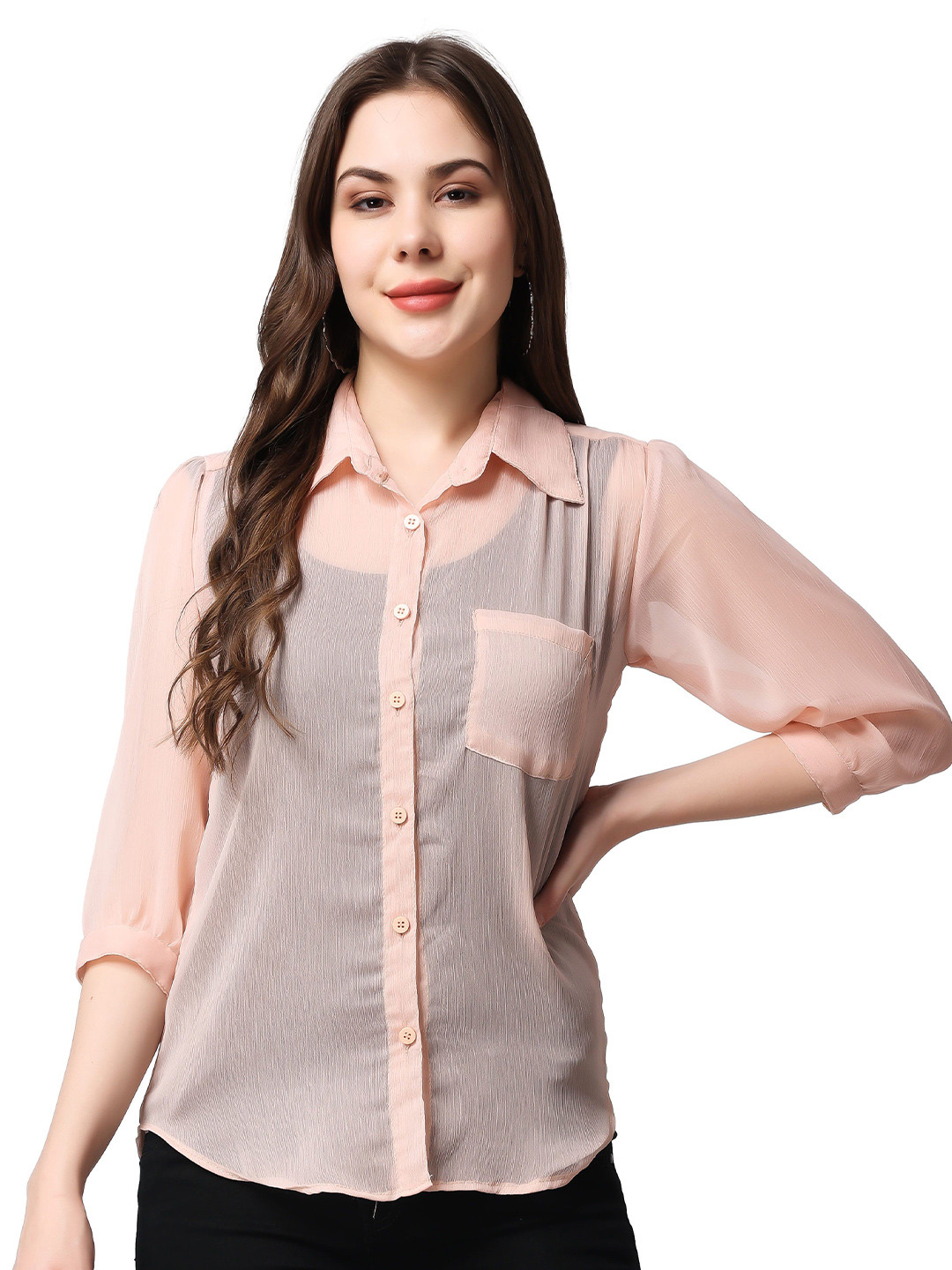 

BAESD Women Classic Spread Collar Solid Chiffon Casual Shirt, Peach