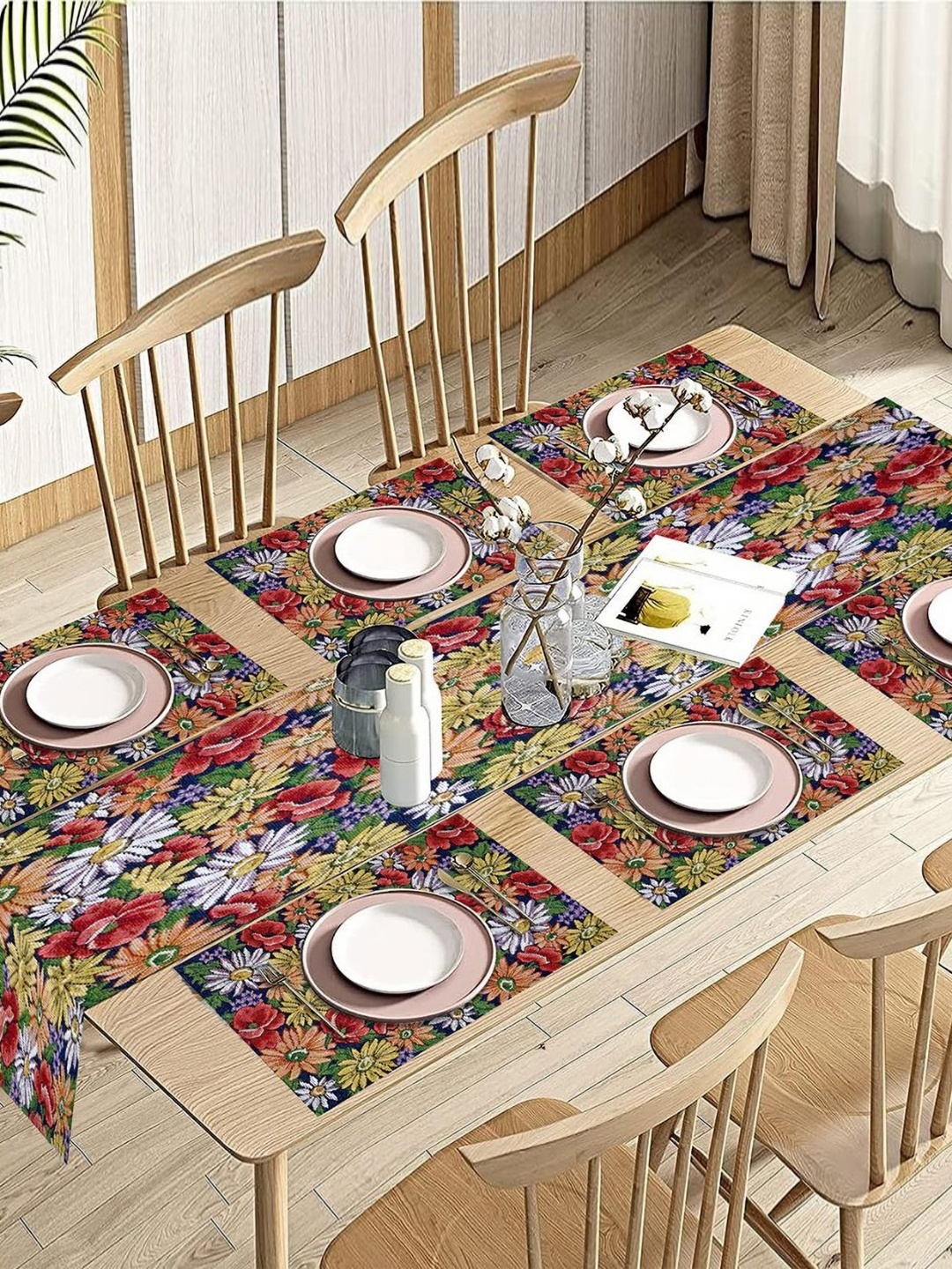 

PRAKARTIK Floral Pure Cotton Table Placement Mat With Runner, Brown