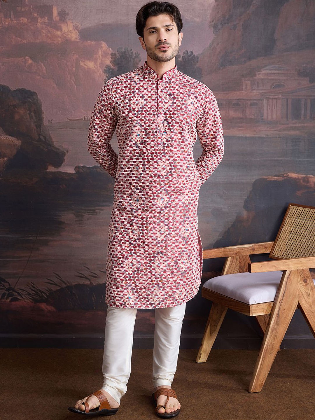 

House of Pataudi Embroidered Mandarin Collar Thread Work Cotton Straight Kurta, Red