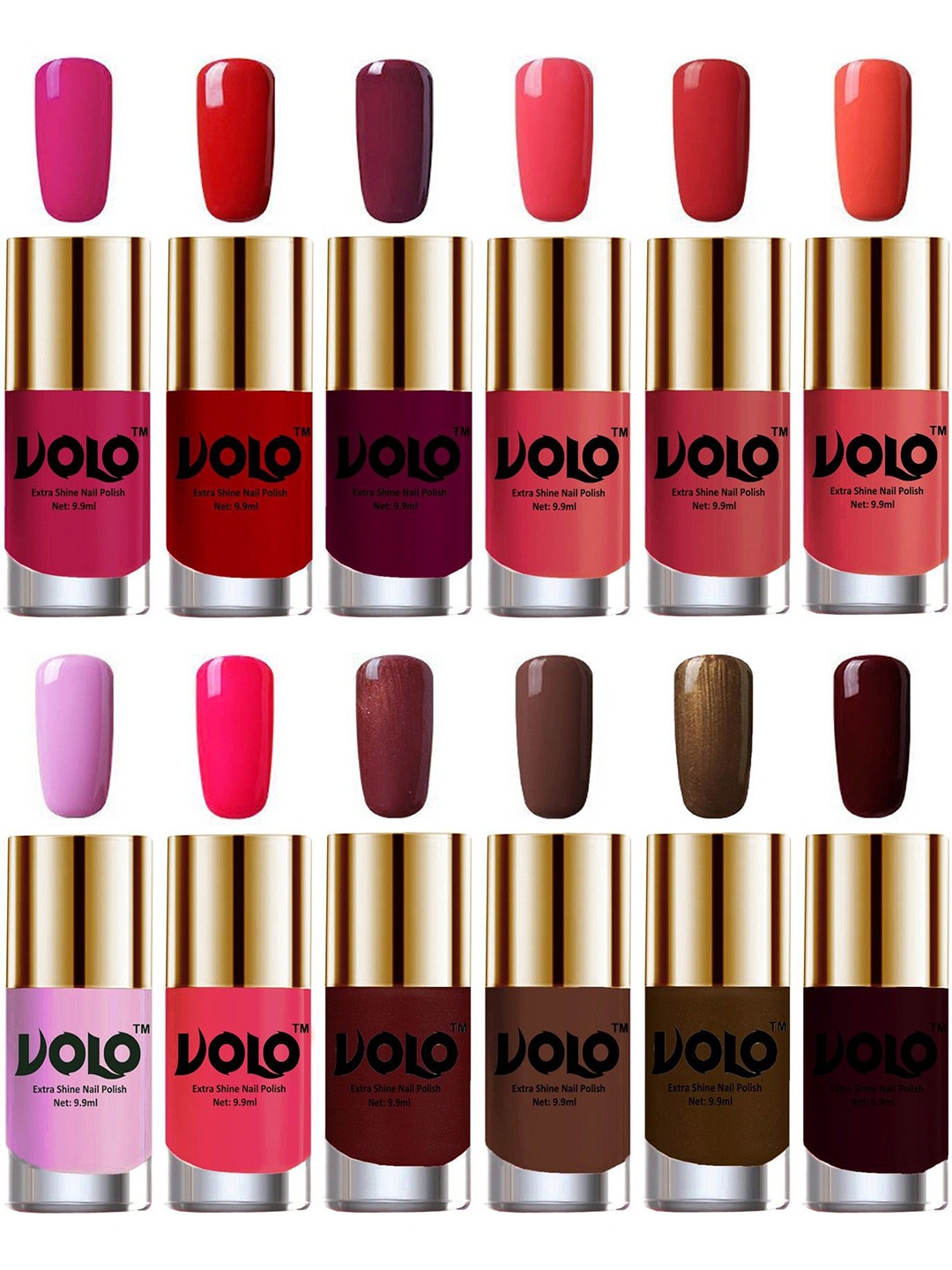 

VOLO Set Of 12 Extra Shine Vibrant Shades Nail Polish- 9.9ml Each-Combo - No-184, Pink