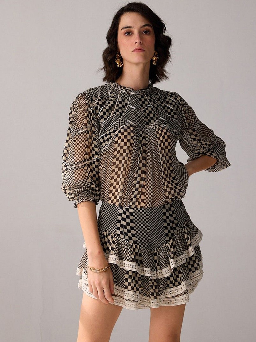 

VERB BY PALLAVI SINGHEE Checked Top With Skirts, Black