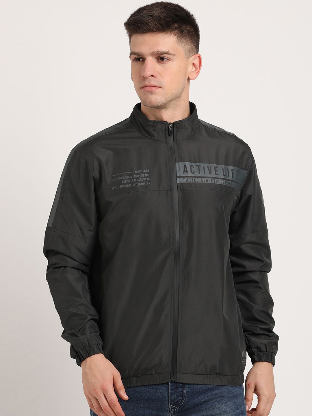 

Turtle Men Windcheater and Water Resistant Sporty Jacket with Patchwork, Grey