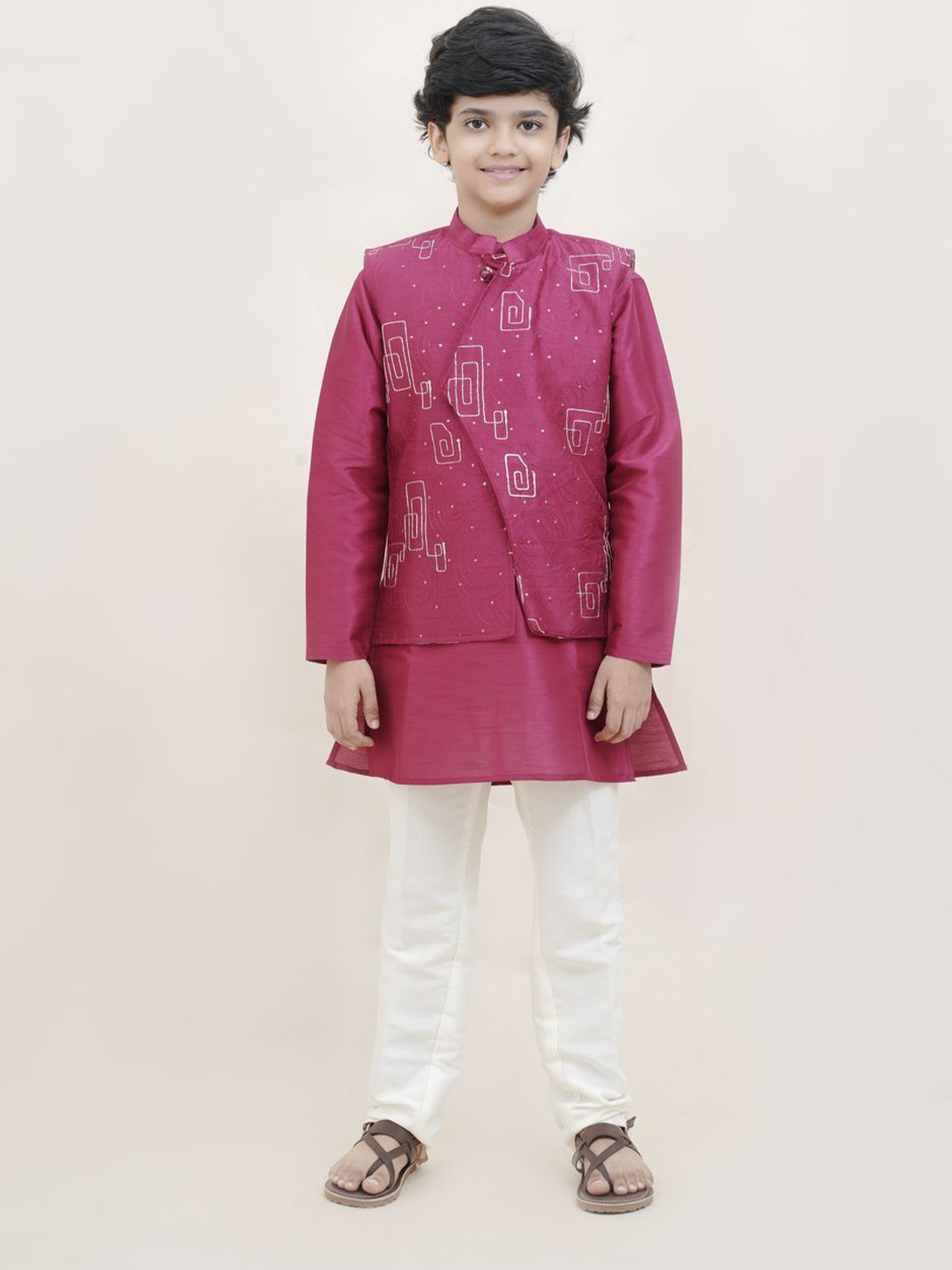 

Sangria Boys Mandarin Collar Kurta & Trousers With Embroidered Jacket, Maroon
