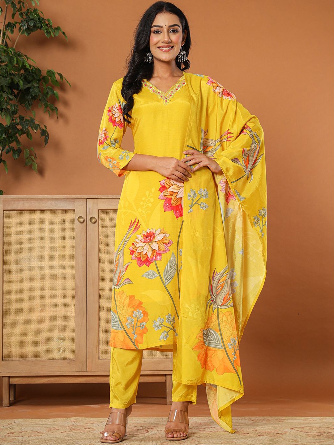 

Yufta Mustard Yellow Floral Embroidered Sequinned Straight Kurta With Trousers & Dupatta