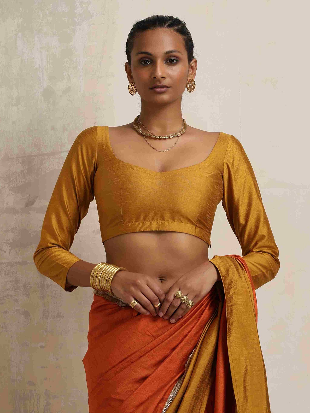 

trueBrowns Round Neck Silk Saree Blouse, Gold