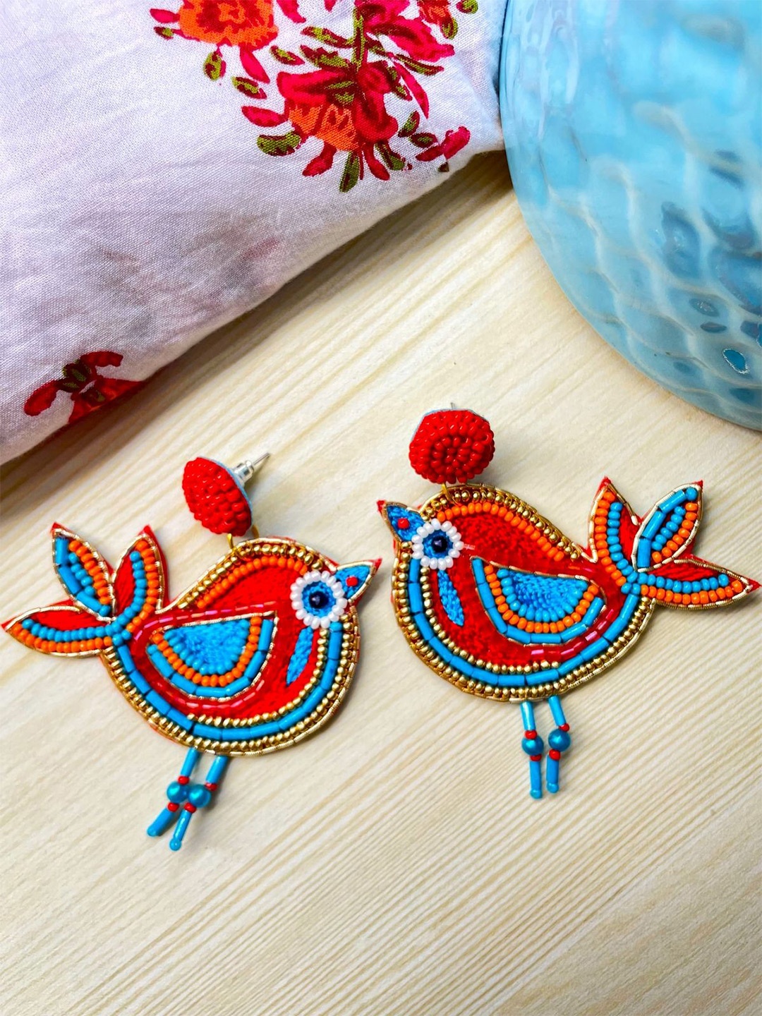 

ISHKAARA Beaded Bird Shaped Drop Earrings, Red