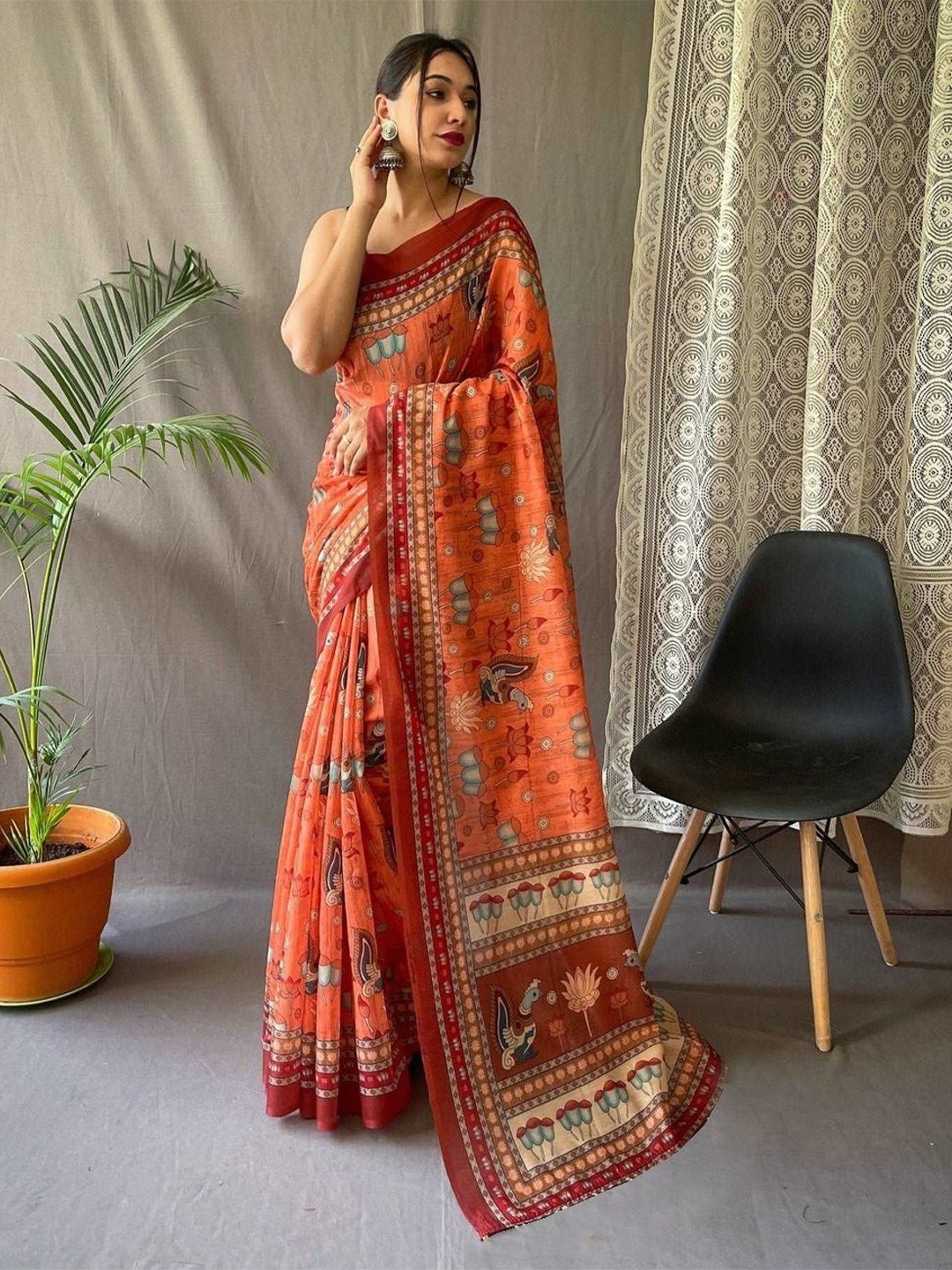 

Sidhidata Floral Printed Chanderi Saree, Orange