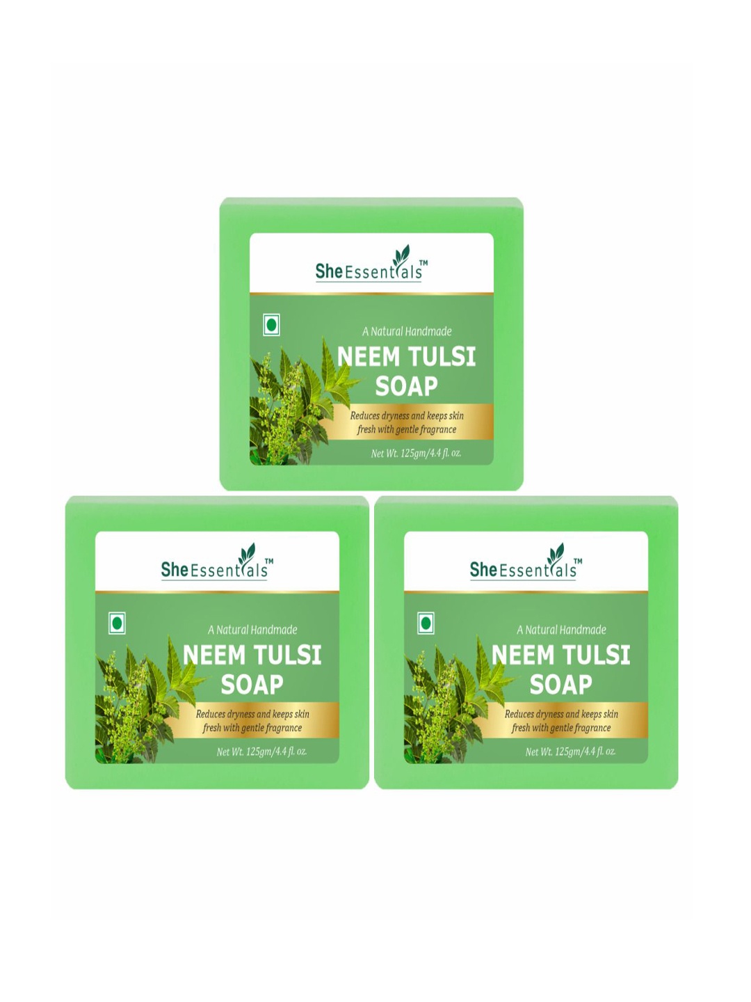 

She Essentials Set Of 3 Natural Neem Tulsi Soap - 125 g Each, Transparent