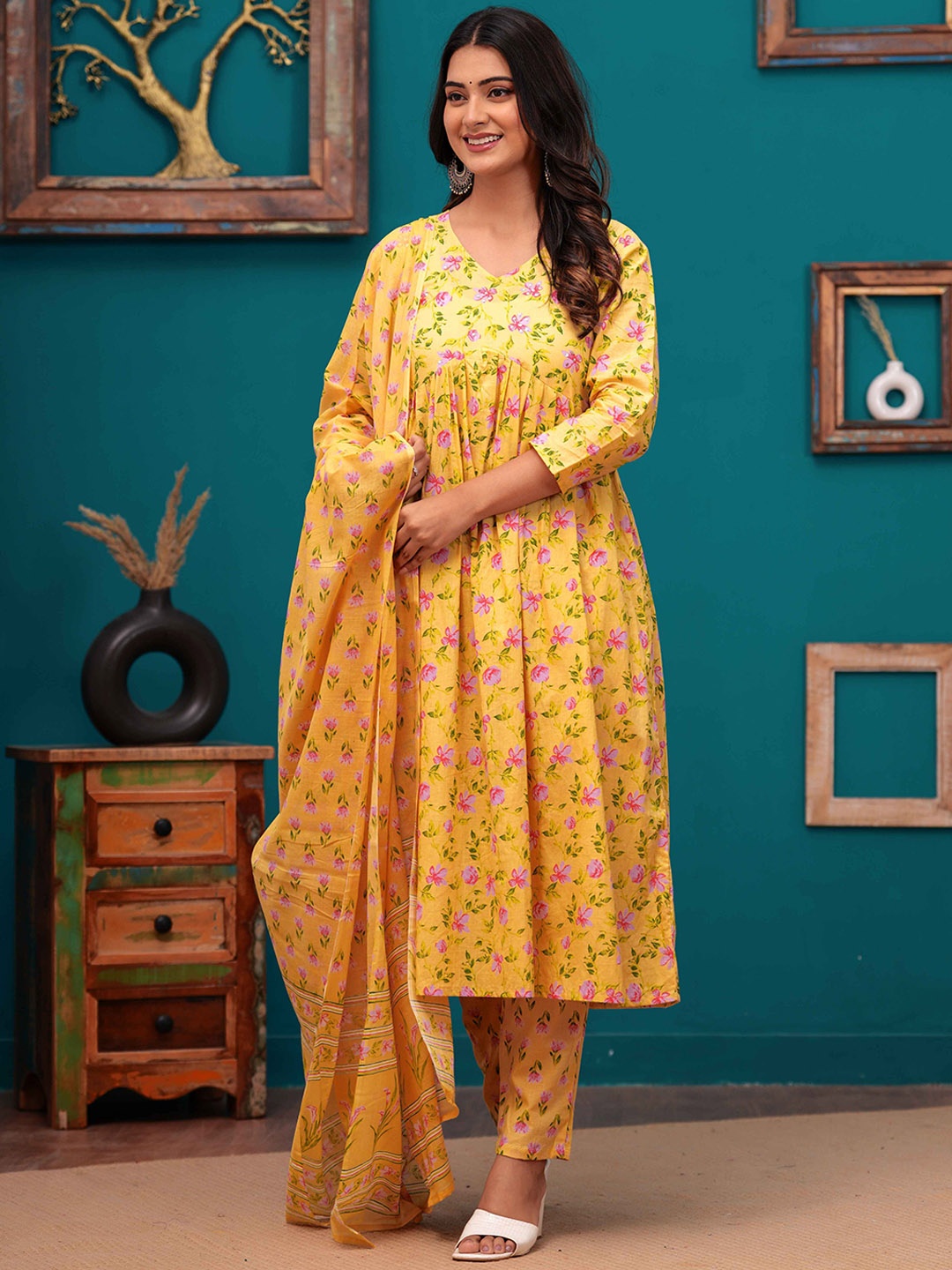 

YUSRA Floral Printed Sequinned V-Neck Empire A-Line Kurta with Trousers & Dupatta, Yellow